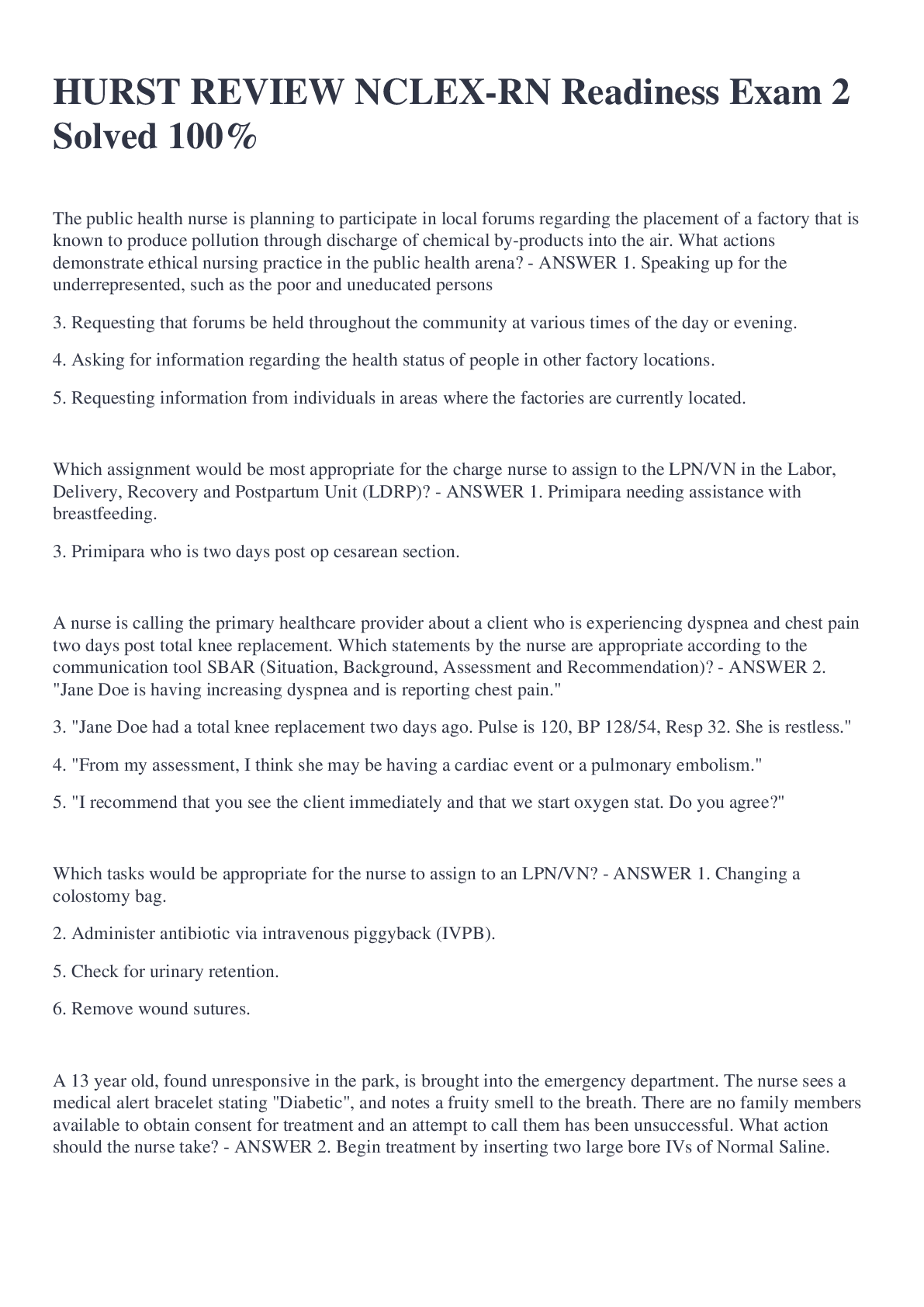 ***HURST REVIEW NCLEXRN Readiness Exam 1***, Hurst Practice Exam 2